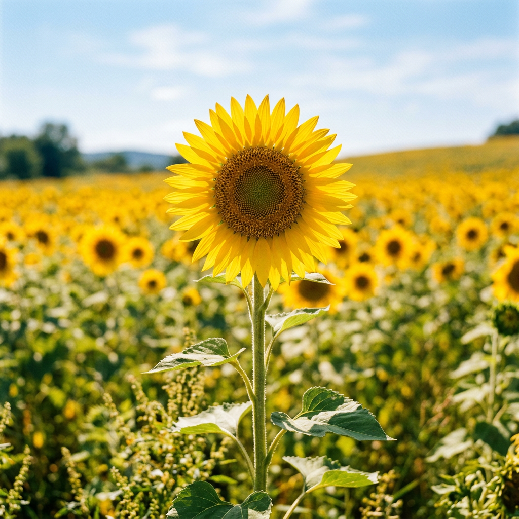 Bright yellow sunflower in focus with a field of sunflowers in the background
