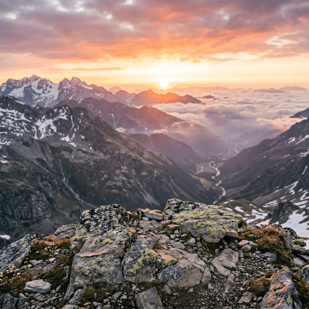 Woman sitting cross-legged meditating on mountain peak at sunset